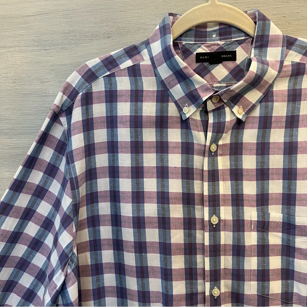 Banana Republic Cotton Linen Purple Plaid Button Down Shirt XL Like New‎